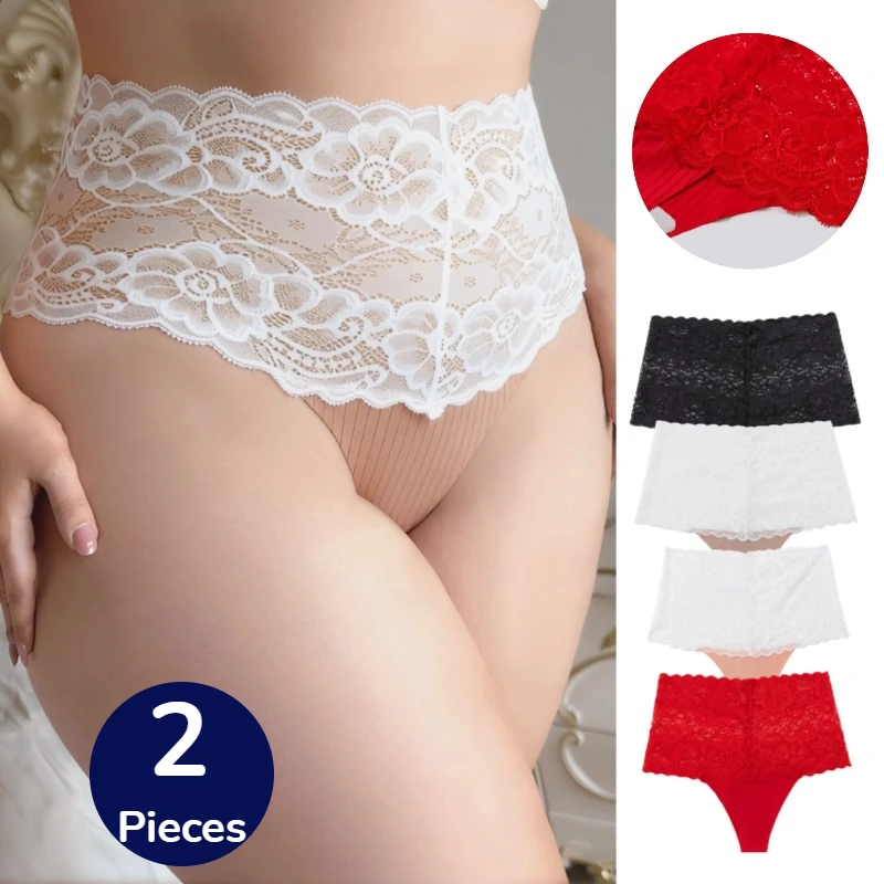 WarmSteps 2 Stück Damen-Höschen mit hoher Taille, modische Spitze, weibliche Tangas, süße Blumen, sexy Dessous, bequeme, atmungsaktive G-Strings