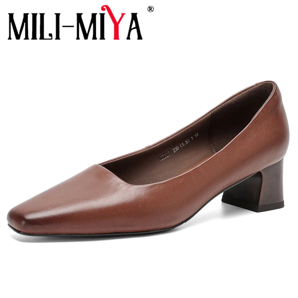 MILI-MIYA Women's Square-Toe Cow Leather High-Heel Shoes With Chunky Heels Solid Color Extra-Large Sizes 34-42 Career&Office