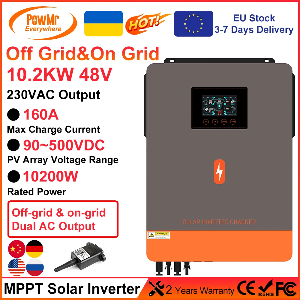 PowMr 10.2KW 48V MPPT Solar Inverter Pure Sine Wave Hybrid 160A 230VAC Output PV 90V~500V Input With Dual AC&Dual PV Interface