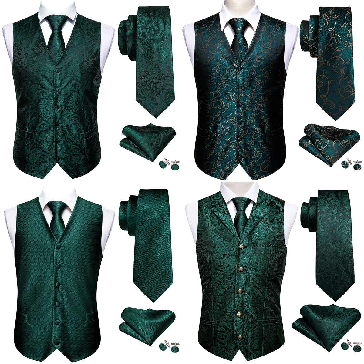 Luxury Mens Vest Suit Green Paisley Flower Slim Fit Male Dress Sleeveless Formal Work Waistcoat Tie Hanky Gilet Barry Wang