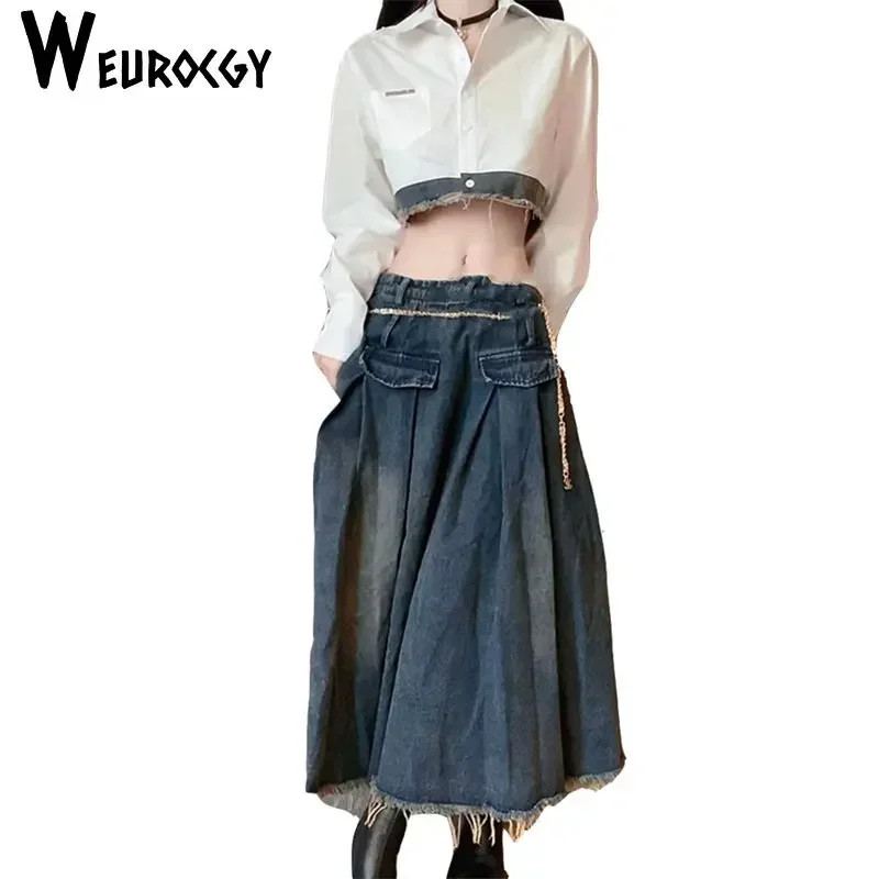 2023 Summer Korean Edition New Style Vintage Denim Woman Skirt Sexy High Waist Fashion Casual Loose A-line Half Skirt Set Trend