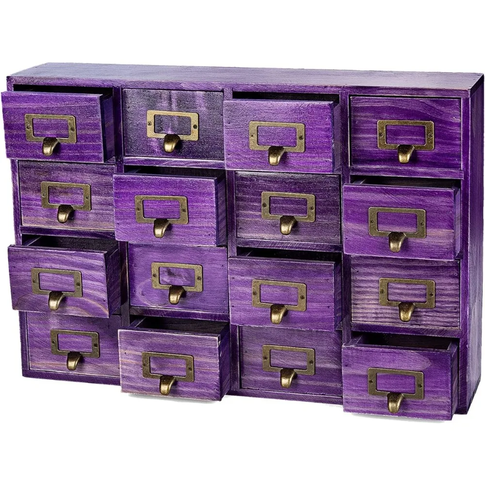 Purple 16-Slot Wooden Drawer Unit - Country Style Desk Organizer Box Wooden Storage Box w/ 16 Drawers - Countertop