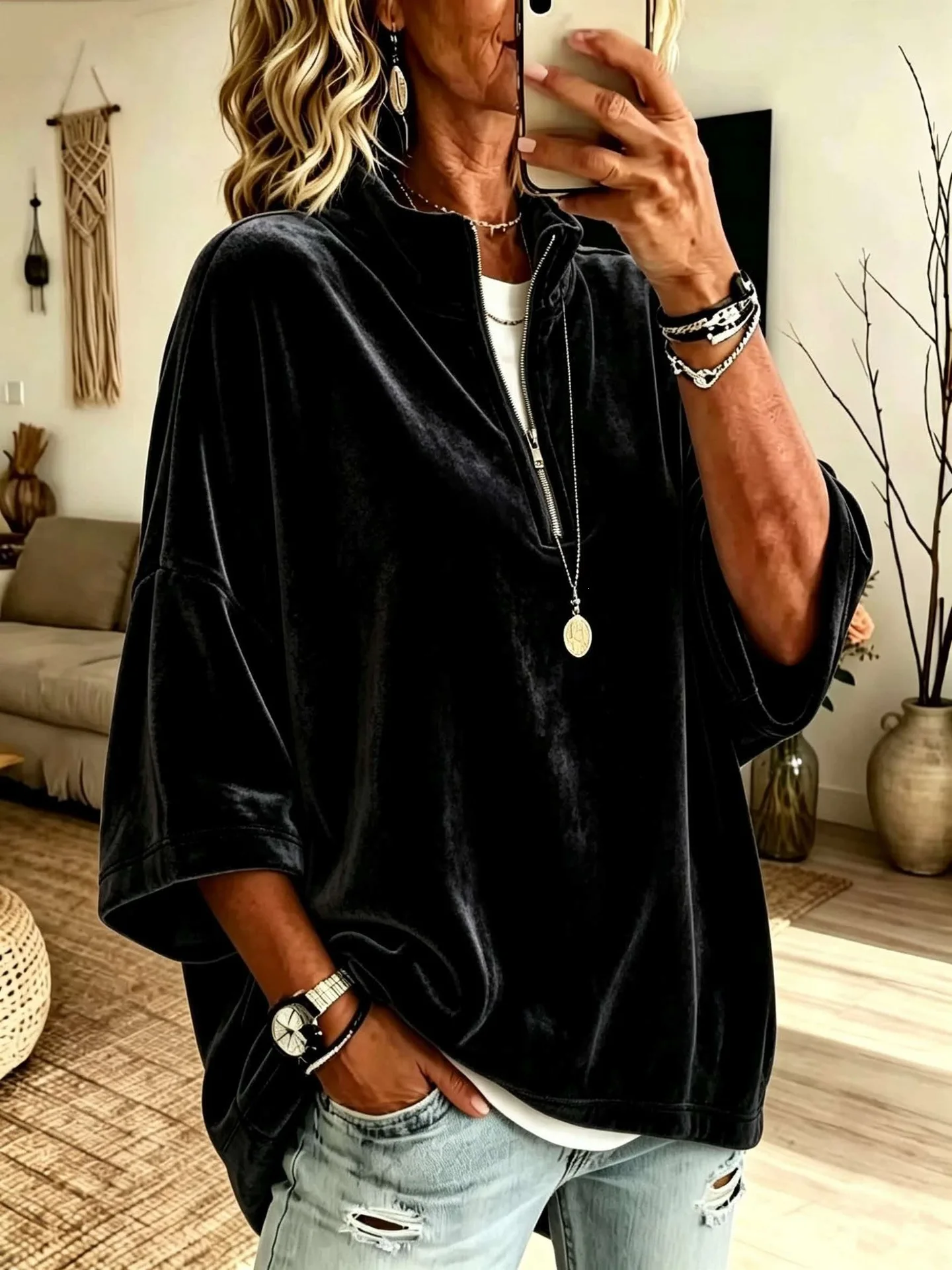 Autumn Winter Velvet Solid Half Zip Sweatshirts Stand Collar 3/4 Sleeve Loose Casual Pullover Tops Women Vacation Daily Hoodie