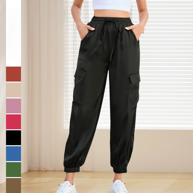 

Женские летние атласные джоггеры с высокой талией, новые модные брюки-карго свободного покроя, стильные повседневные брюки на эластичной резинке до щиколотки для улицы