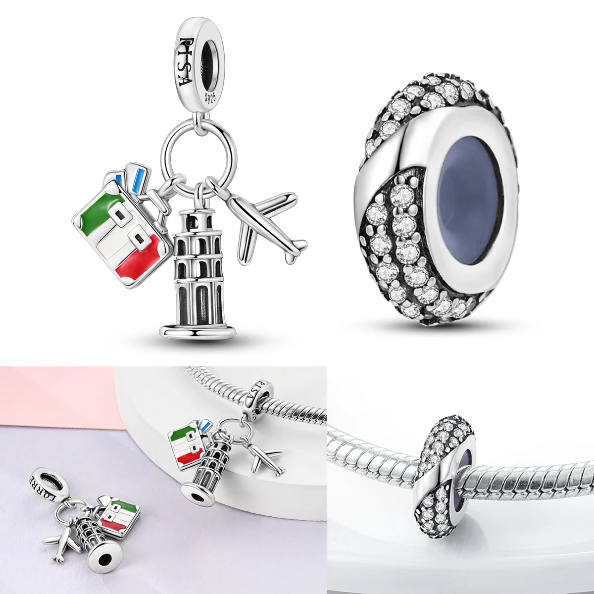

925 Sterling Silver Leaning Tower of Pisa Charms Densely inlaid Isolation Bead Fit Original Bracelet DIY Women Jewelry