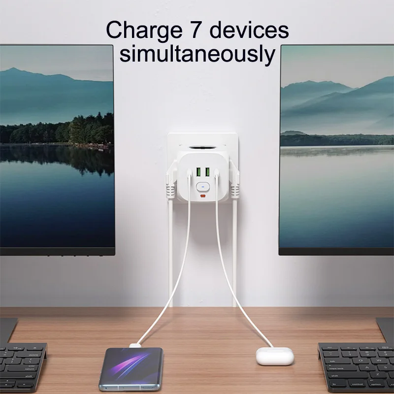1 7-in-1 EU-Steckdosenleiste, Überspannungsschutz-Steckdosenleiste mit 3 AC-Steckdosen, 2 USB-Anschlüssen und 2 Typ-C-Anschlüssen, Würfelsteckdose für Zuhause – Detail 5