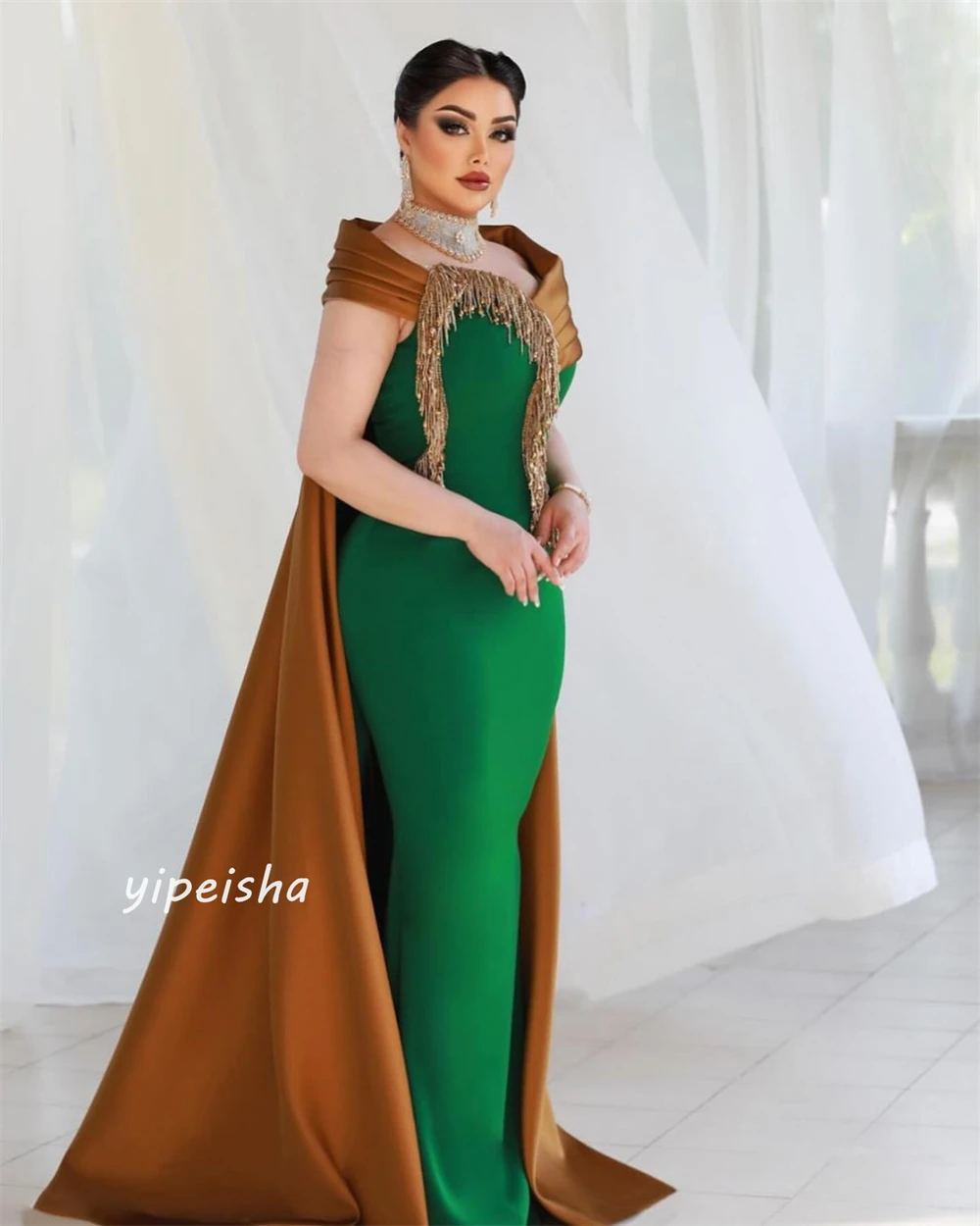 Jersey Draped Pleat Tassel Party Mermaid Off-the-shoulder Bespoke Occasion Gown Long Dresses