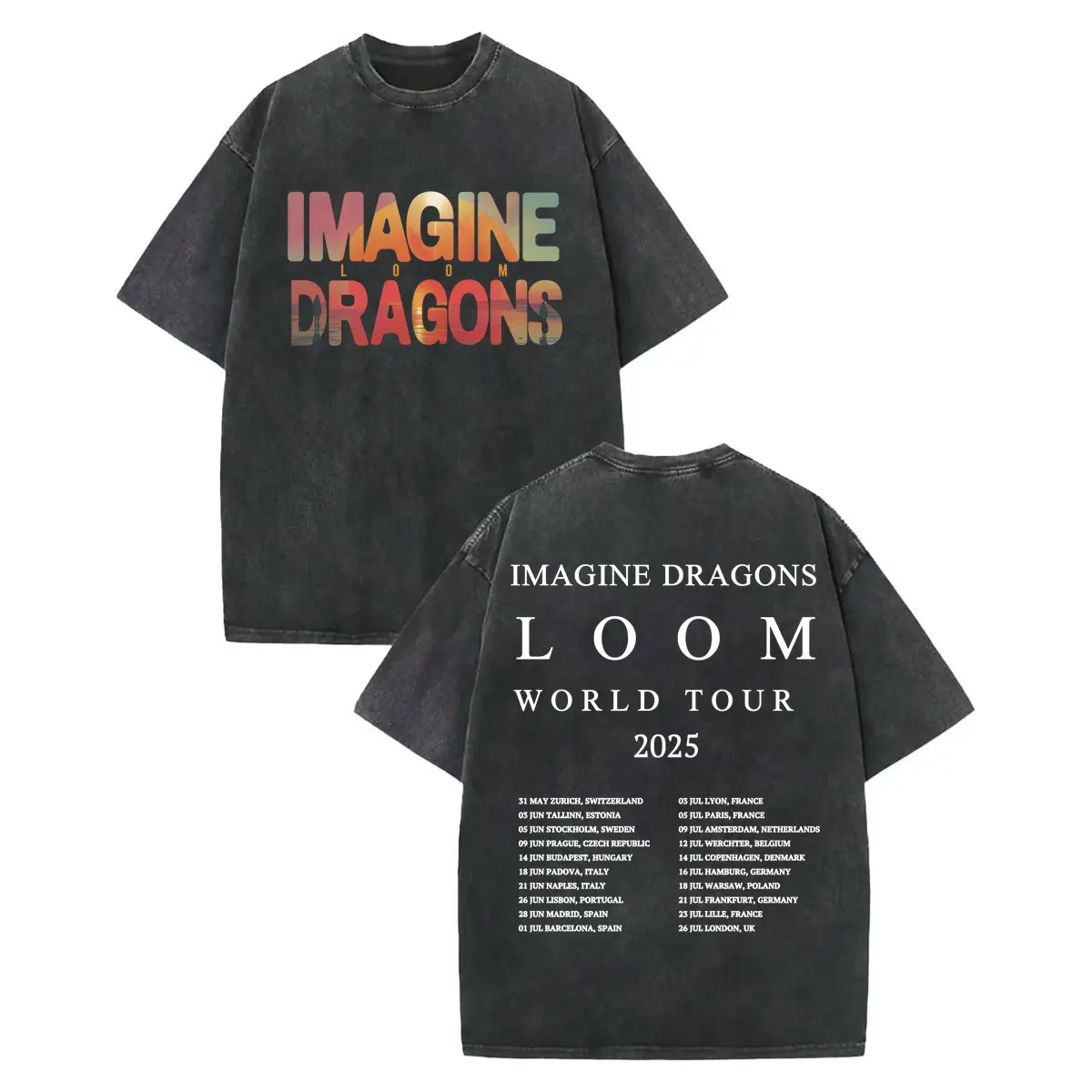

Vintage Washed Imagine Dragons Loom World Tour 2025 T-shirt Fashion Rock Short Sleeve T-shirts Men Women Casual Cotton T Shirts