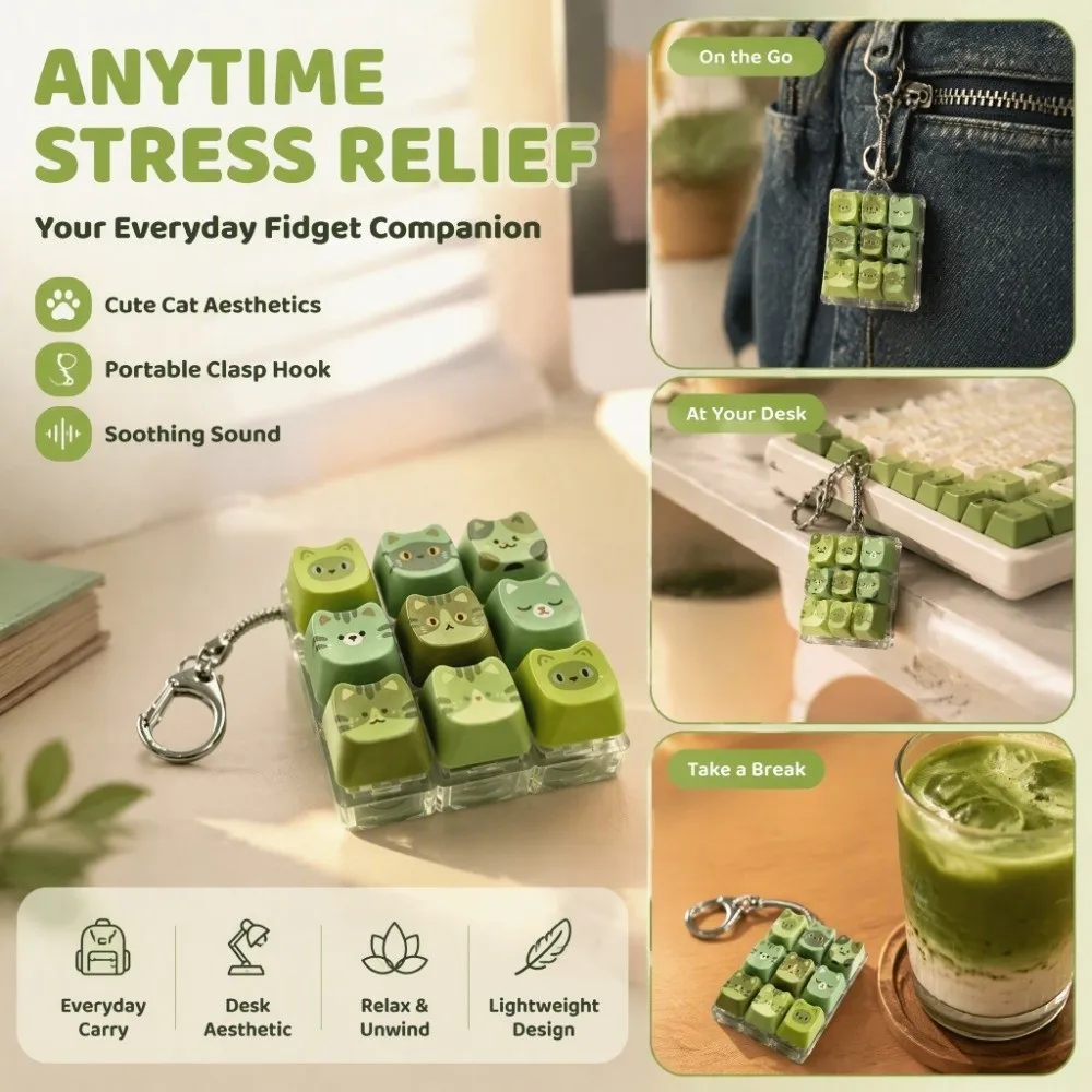 Cartoon Cat Mechanical Keychain Fidget Green Key Keyboard Keys Clicker Keychain Creative Fashion Keyboard Fidget Pendant