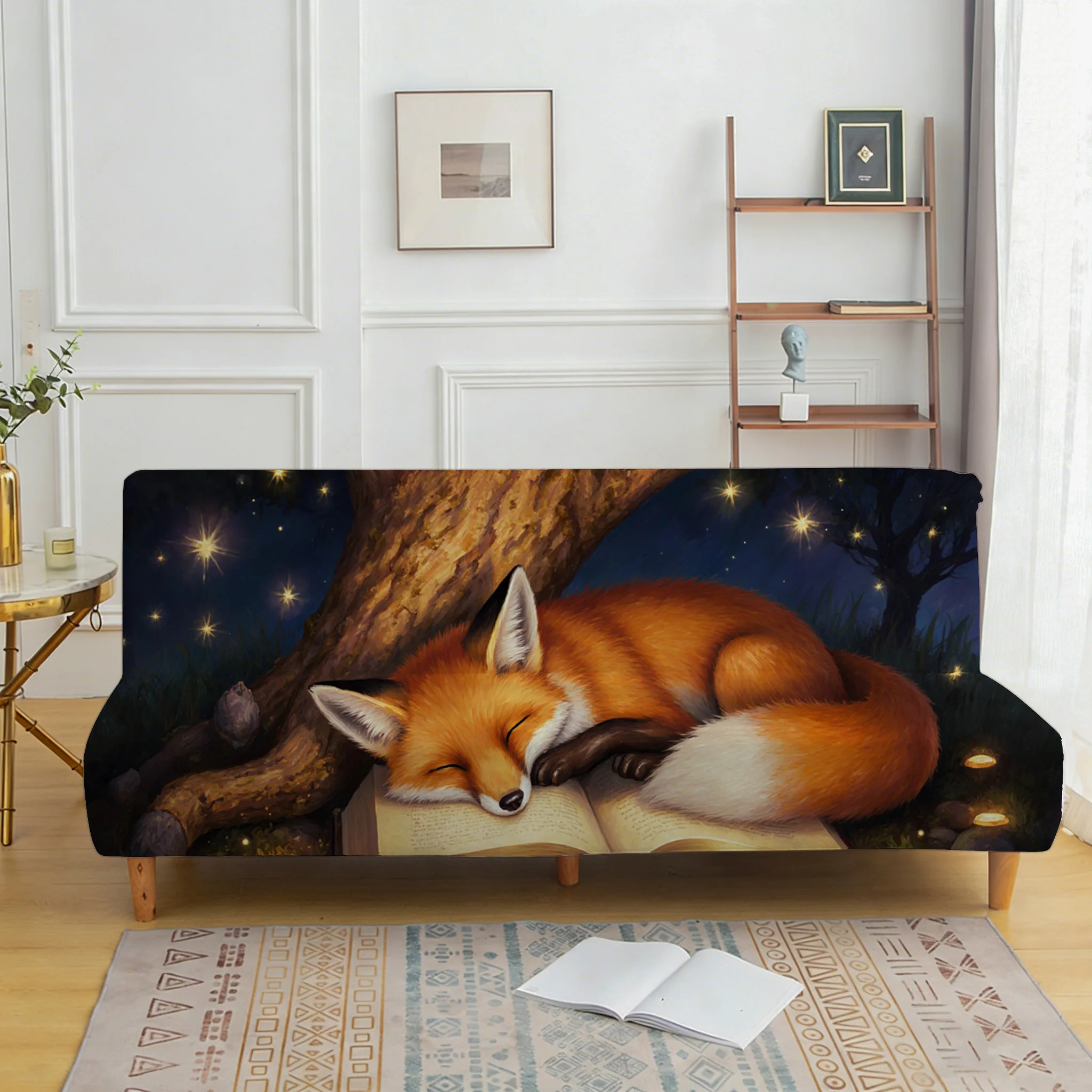 Fairy Tale Style Good Night Fox Stretch Sofa Cover, Non-slip and Anti-scratch Furniture Protector, Easy to Install