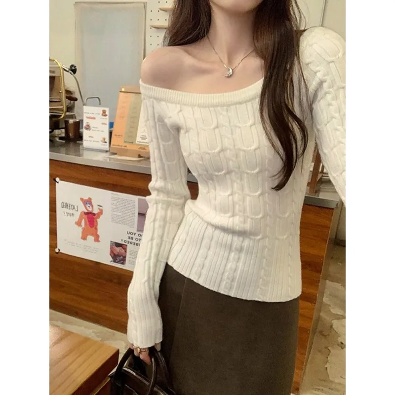 

Вязаный свитер на одно плечо с длинными рукавами, женские футболки с разрезом на шее, повседневная уличная одежда, женская мода, топ в стиле Харадзюку