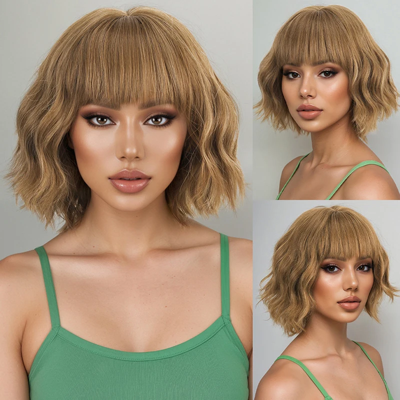 Fashionable short curly bob wig with bangs, light brown natural synthetic fiber hairpiece