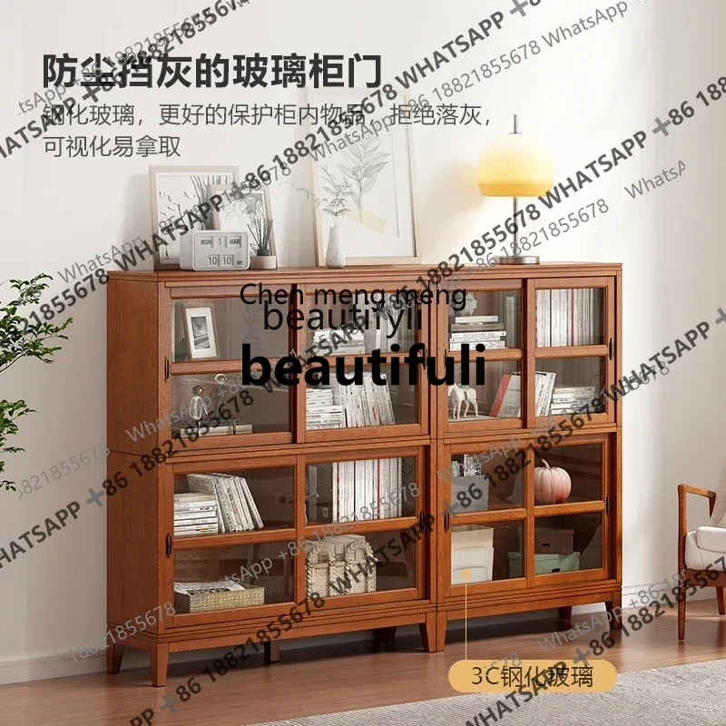 ss 8617 American solid wood short, floor-to-ceiling living room home bookshelf with glass door, low cabinet sliding door