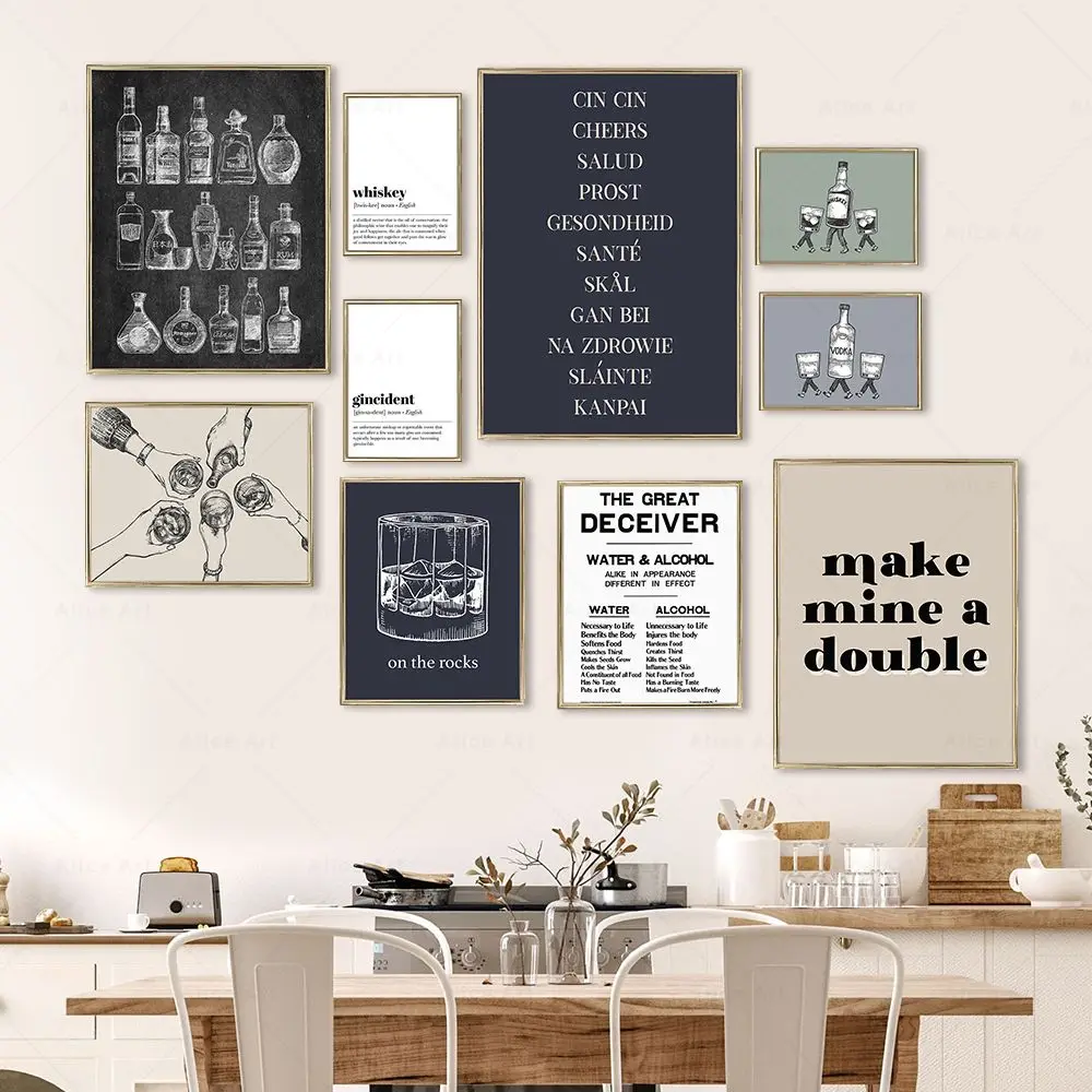 Funny Kitchen Vintage Posters Water & Alcohol Cheers Health Wall Art Canvas Painting Prints Bar Art Gallery Wall Pictures Decor