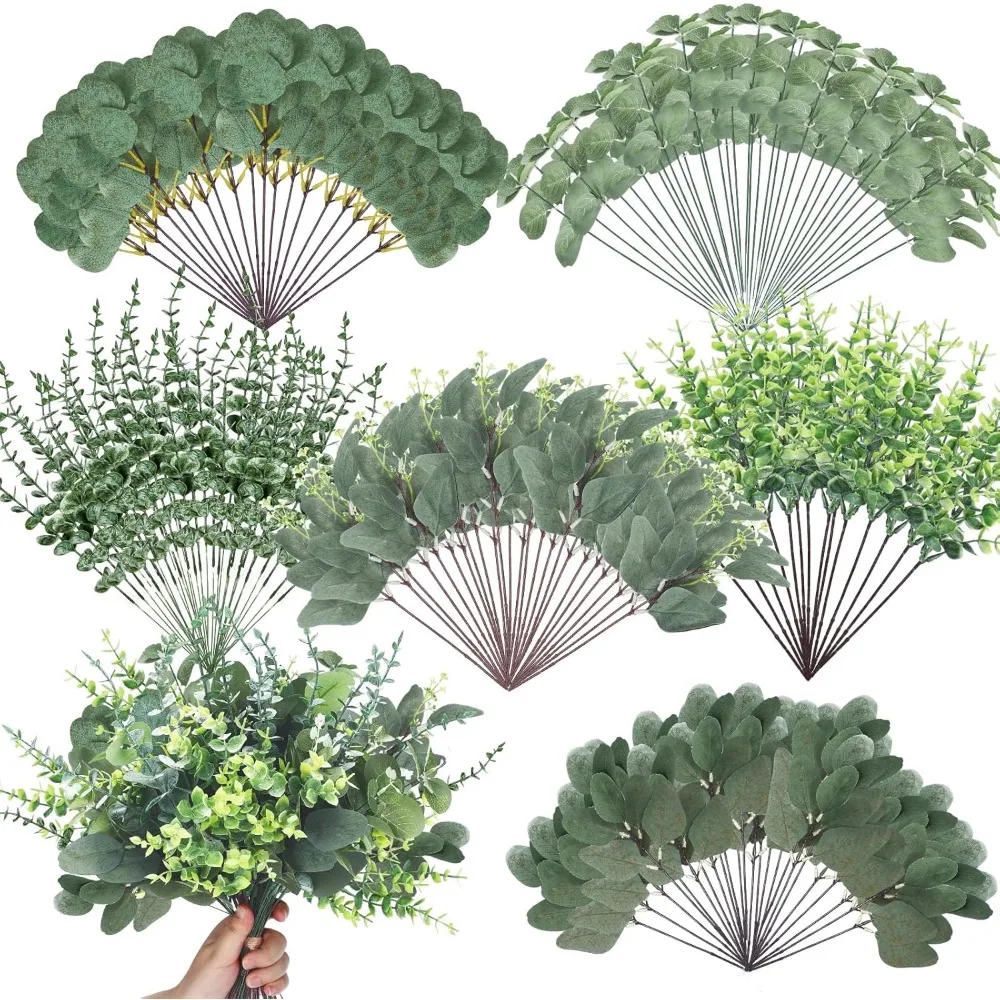 

500 Pieces of 6 Kinds of Mixed Eucalyptus Leaf Stem Bulk Artificial Eucalyptus Leaf Spray Silver Dollar False Green