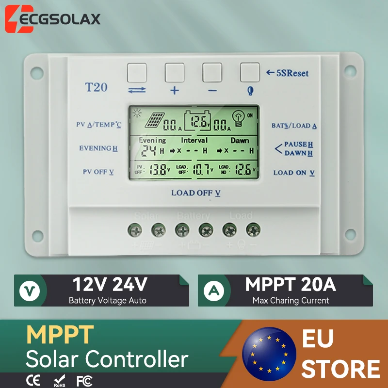 Contrôleur de charge solaire MPPT ECGSOLAX 20A 12V 24V automatique avec régulateur de panneau solaire et contrôle de charge à double minuterie PV Max 48VDC