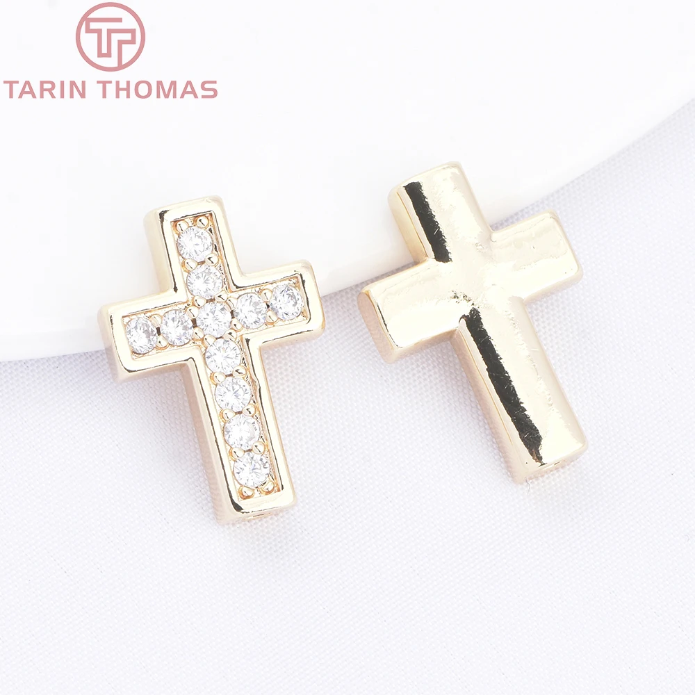 (10437)4PCS 12x18MM 24K Gold Color Brass with Zircon Cross Shaped Perforated Bead High Quality Diy Jewelry Accessories Wholesale
