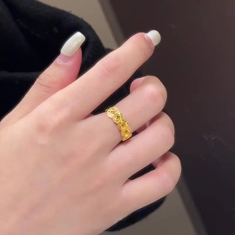 Gold Crushed Copper Ring New Chinese Style Light Luxury Exquisite High Color-retaining Five Emperors Money Ring Lucky Feng Shui