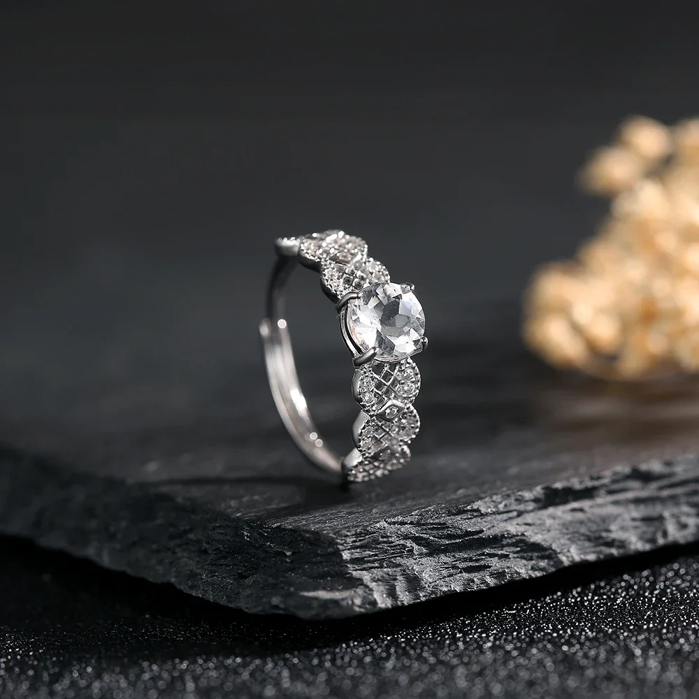 

Natural Crystal Ring S925 Sterling Silver Adjustable Open Bands 6.5mm Quartz Healing Jewelry Handmade Boho Gifts for Daily Wear