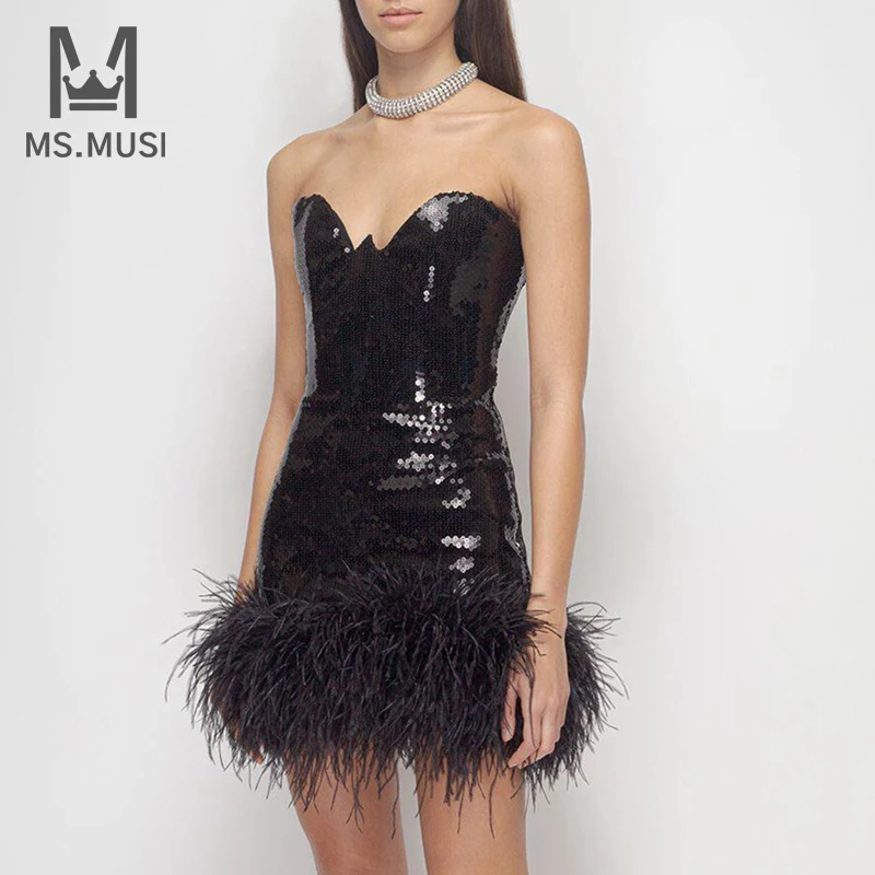 

MSMUSI 2023 New Fashion Women Sexy Black Strapless Feather Sequins Sleeveless Backless Party Club Bodycon Slim Event Mini Dress