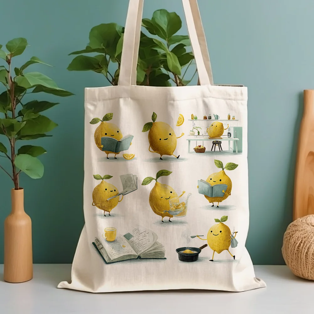 

Lemon Illustration Canvas Tote Bag Reusable Grocery Bags Perfect for Commuting Beach Travel Ideal Gift for Lemon Lovers