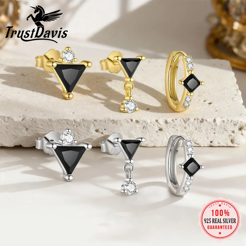 Trustdavis Real 925 Silver Fashion Simple Black Triangular Single Stacked Earring for Women Daily Wear Jewelry Gift DS4743