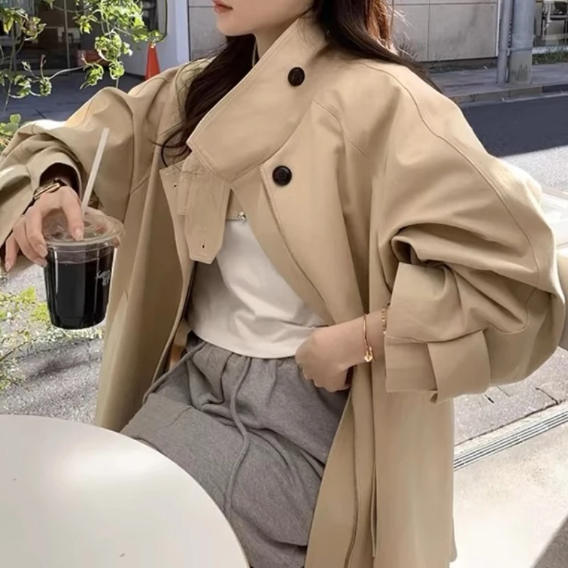 Long-sleeved trench coat female Korea chic autumn new style retro style stand collar design feeling minority loose jacket