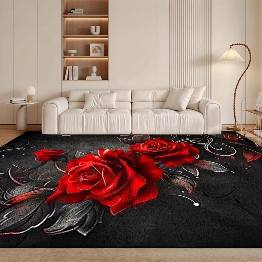 VIKAMA Black‑based Red Rose Area Rug Elegant Floral Vine Print Non‑slip Large‑size Modern Home Living‑room Decor Floor Carpet