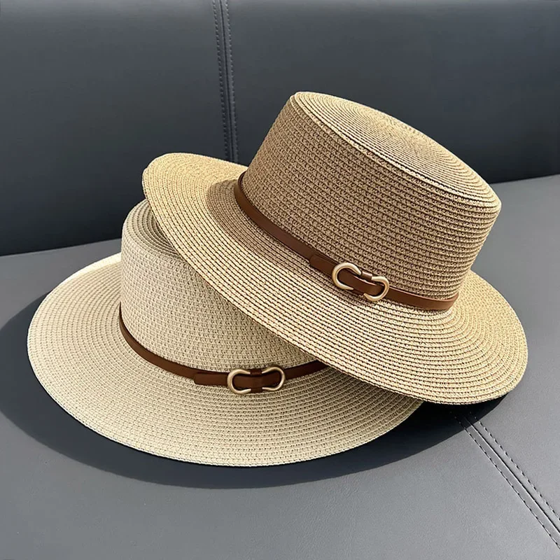 2023 Simple Straw Summer Women Beach Hat Female Casual Panama Hat Lady Brand Women Flat Brim Bowknot Straw Cap Girls Sun Hat