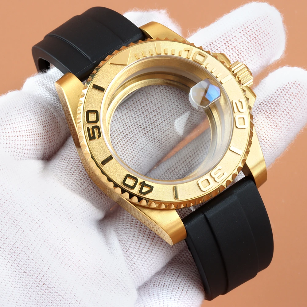 

40mm Gold Watch Case With Rubber Strap For Yacht-Master Seiko NH34 NH35 NH36 NH38 Automatic Movement Sapphire Glass Sub GMT Case