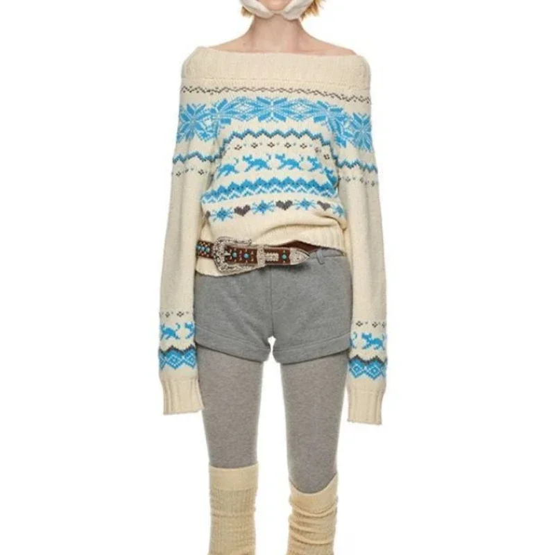 Vintage Off Shoulder Knitted Pullovers Women Sexy Korean Style Black Harajuku Sweaters Sweet Retro Y2k Print Tops