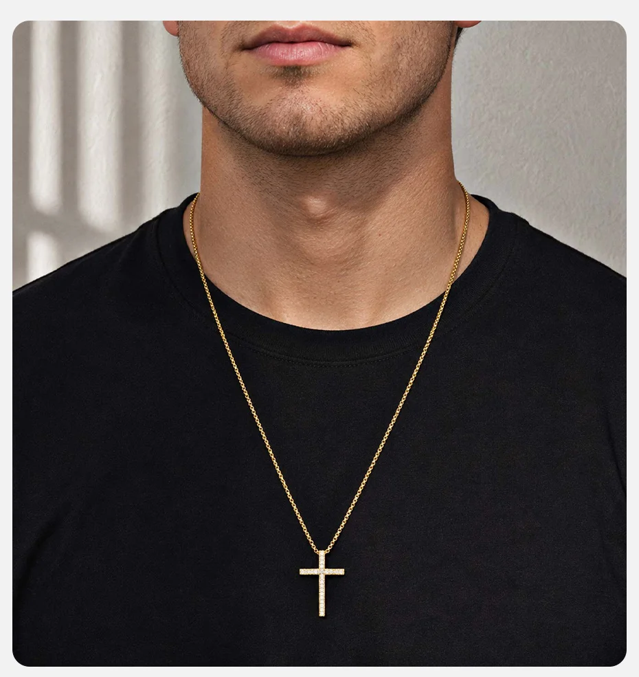 Vnox Gold Silberfarbene Kreuz-Anhänger-Halskette für Männer, Kupfer-Anhänger-Halskette, Christlicher Religiöser Hip-Hop-Modeschmuck Geschenk – Detail 2