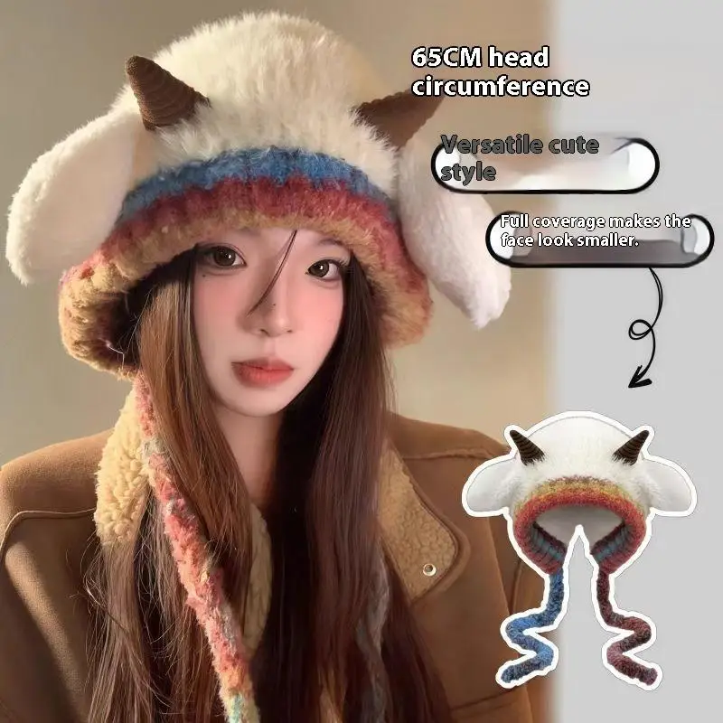 【A-Beautiful 】Topi Rajut Dua Lapis Model Telinga Domba Korea |   Pelindung Telinga Hangat untuk Kepala Besar