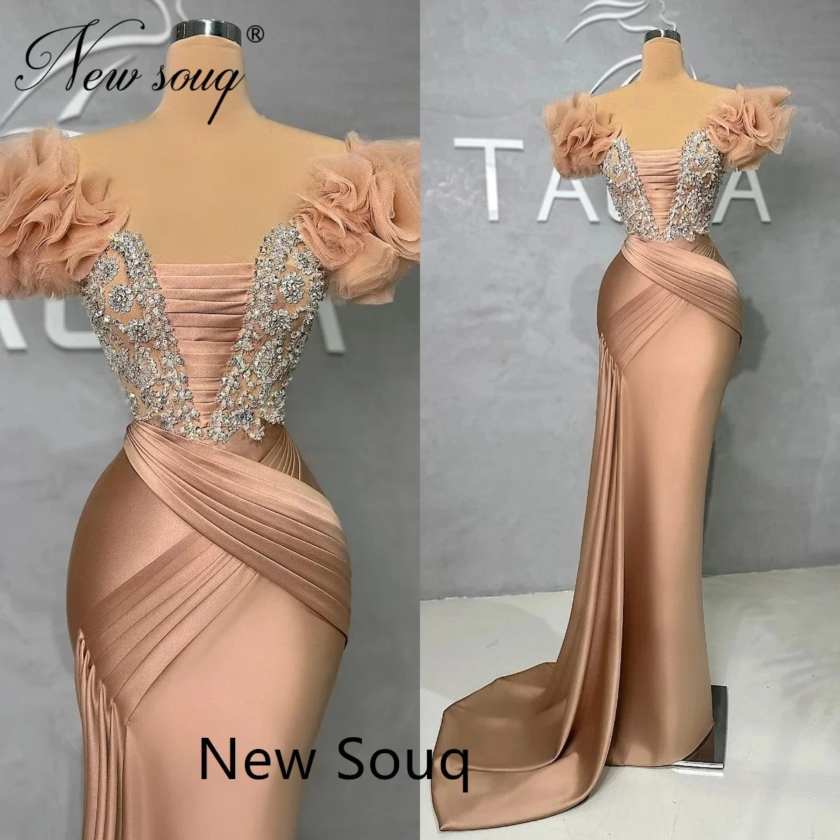 

Modern Mermaid Ruffles Shoulder Party Dresses For Weddings Robes 2023 Beading Cocktail Evening Dress Arabic Dubai Prom Gowns