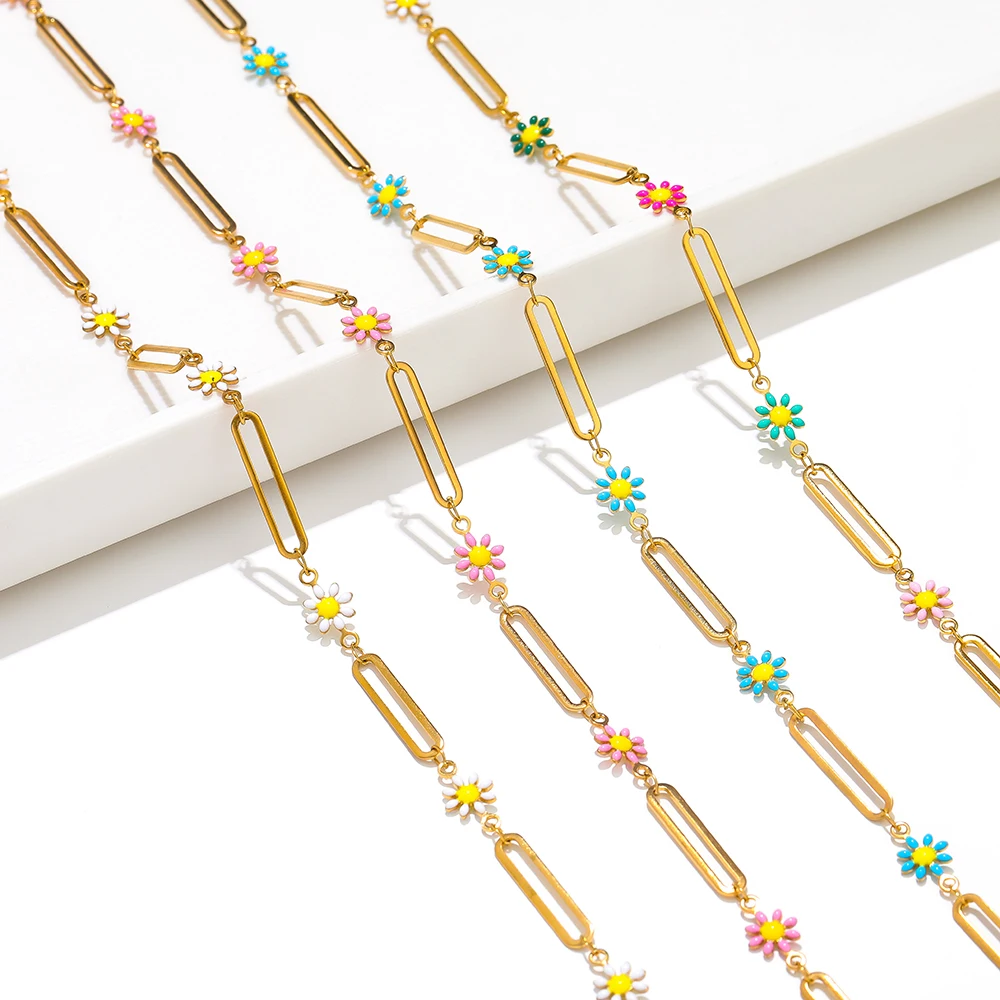 1 Meter Stainless Steel Enamel Flowers Long Buckle Handwork Chains DIY Woman Necklaces Making Findings Jewelry Bulk Wholesale