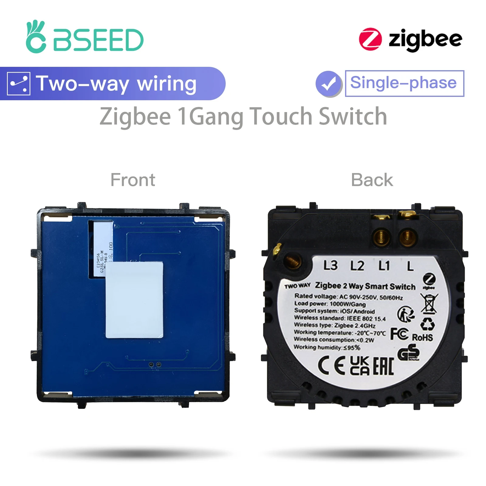 BSEED Zigbee Smart Switch 1/2/3Gang Touch Switch Function Part 2Way Wire With Normal Touch Switch Alexa Tuya Smart Life Control