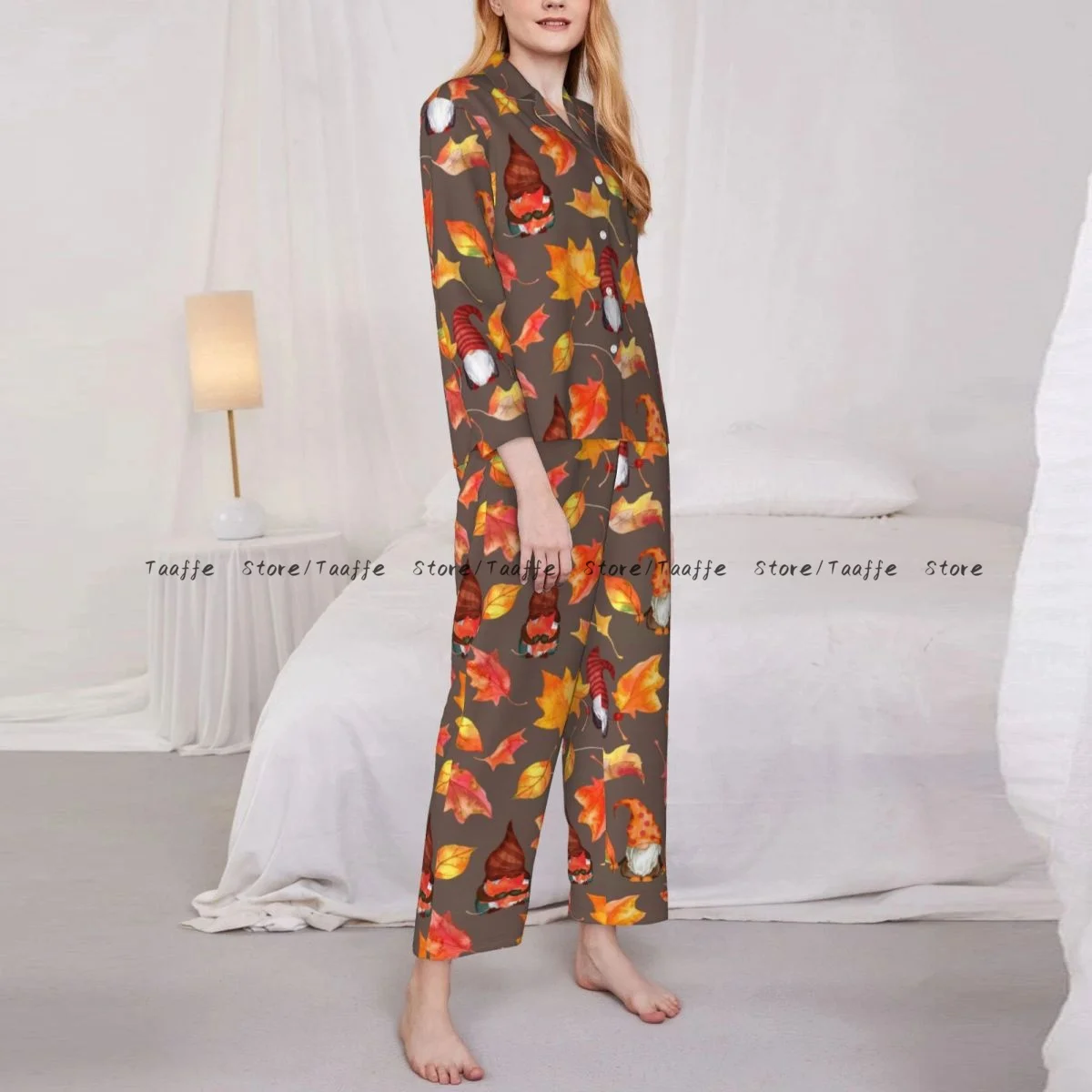 Women Sleepwear Loungewear Autumn Gnome Family With Leaves Long Sleeve Lapel Neck Shirt and Elastic Waist Pants Pajamas Set