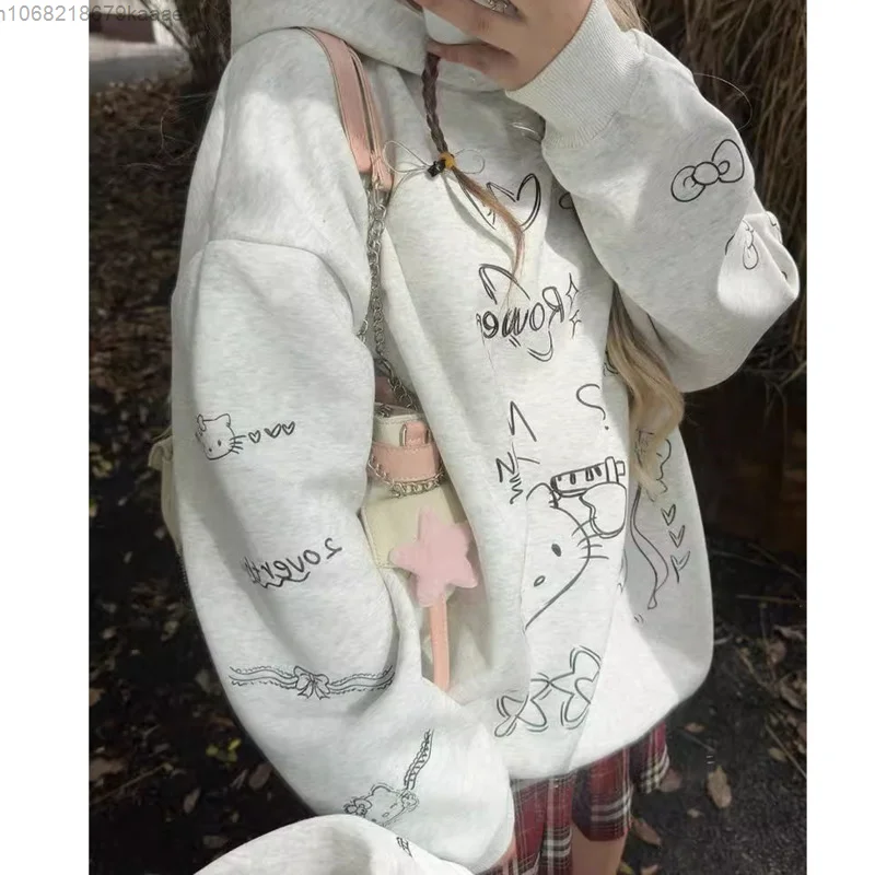 Sanrio Hello Kitty Women Autumn Winter Cute Hooded Top New Loose Casual Versatile Hoodie Korean Version Trend Fashion Pullover