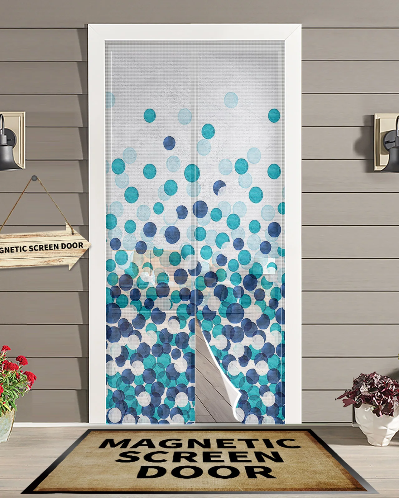 Farmhouse Watercolor Dot Gradient Teal Magnetic Mosquito Net Summer Anti Bug Fly Door Curtains Kitchen Screen Door Mesh