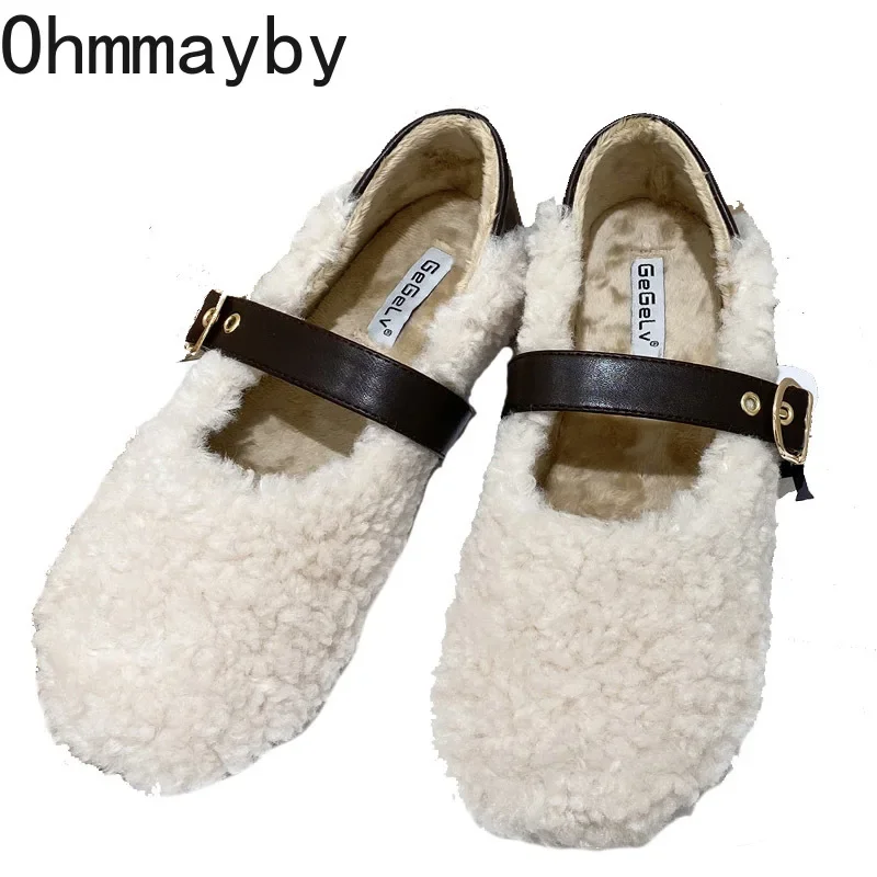 2024 Spring Lambhair Women Ballet Laofer Flat Shoes Fashion Shallow Slip On Ladies Fur Mary Jane Shoes Soft Outdoor Granny Shoes