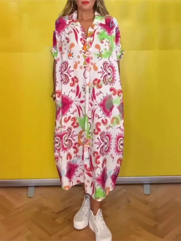 

Women's Fashion Print Dress Casual V Neck Short Sleeve Loose Dresses For Women Boho Holiday Beach Skirts Womens Clothing Summer