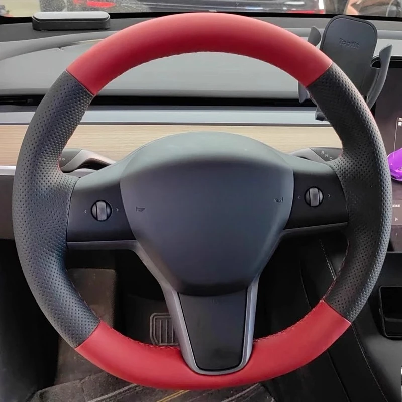 

Сшитый вручную черный, красный, из натуральной кожи, нескользящий, износостойкий, чехол на руль автомобиля, 100% подходит для Tesla Model Y 3 2017-2020