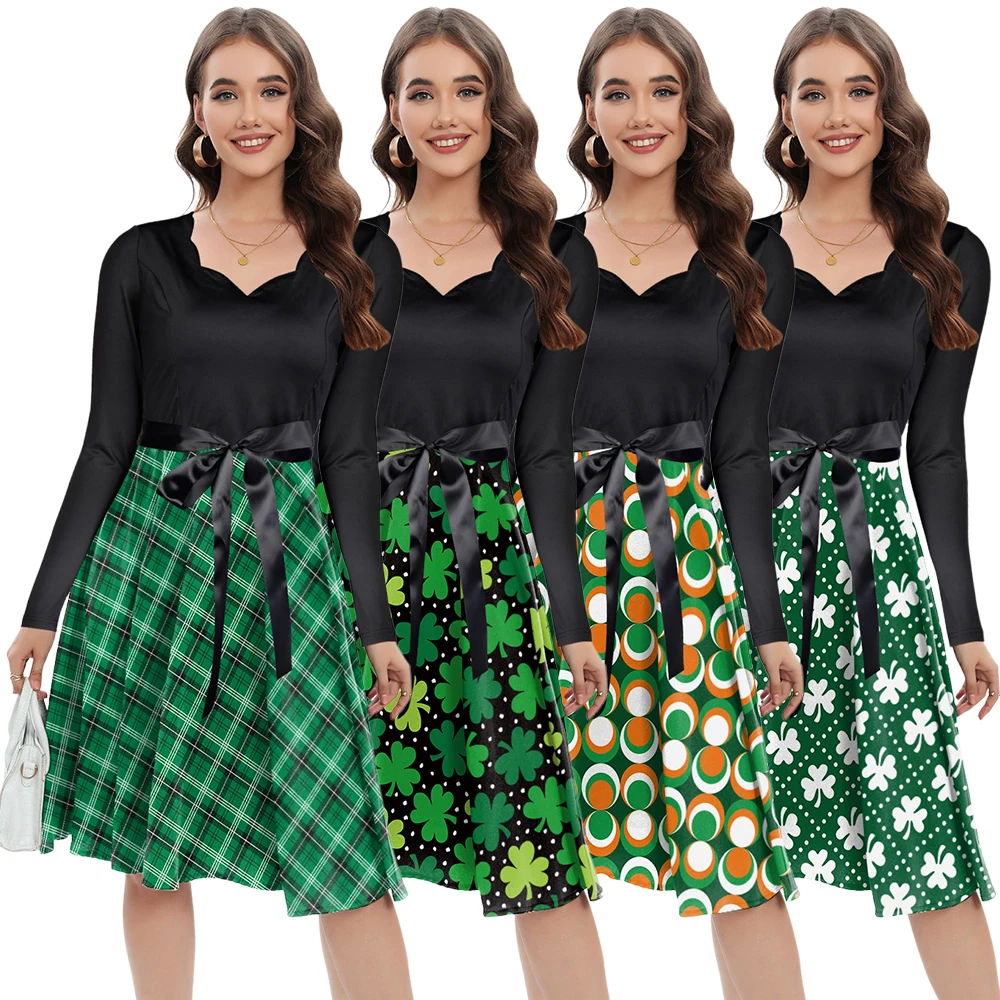 Zawaland Green Women Dress Lucky Clover Print Long Sleeves Dresses Carnival Costumes St. Patrick's Day Party Fancy Dress Up