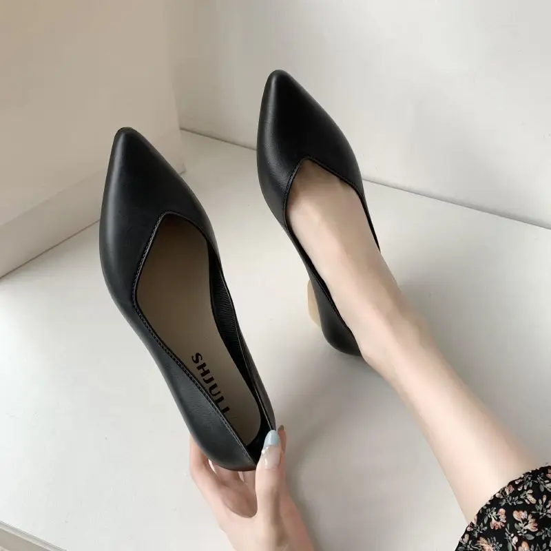 Women\'s Summer Footwear Black Shoes for Woman 2024 Normal Leather Casual Pointed Toe Low Heel Elegant Office on Sale E Dress 39