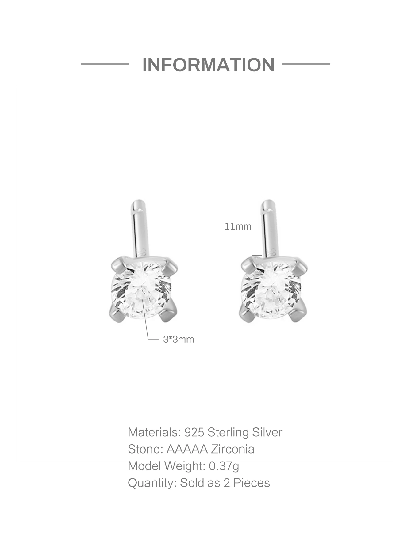 ROXI INS Mini Four-claw Zircon Crystal Stud Earrings for Women Piercings Pendientes 2.5mm/3mm/3.5mm 925 Sterling Silver Earring