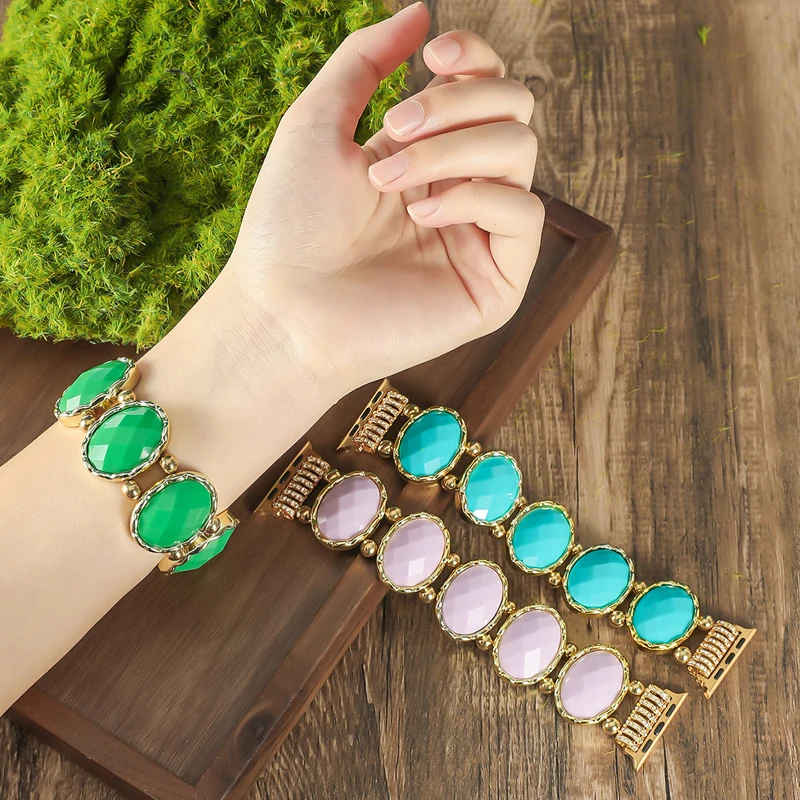 Elegant Oval Gemstone Bracelet for Apple Watch Band 40mm 44mm 41 42 45 46 49 Women Smart Watch Strap