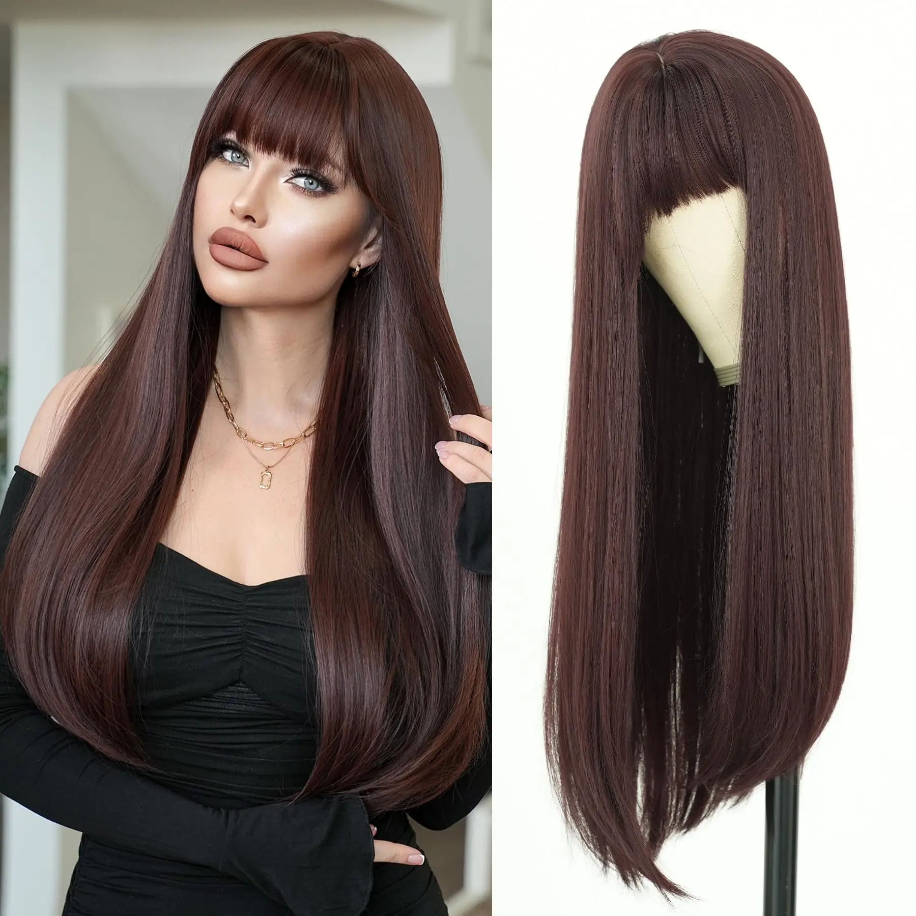 

Dark brown long straight hair synthetic wig for Halloween party cosplay wig for daily wear, high-temperature hairnet wig