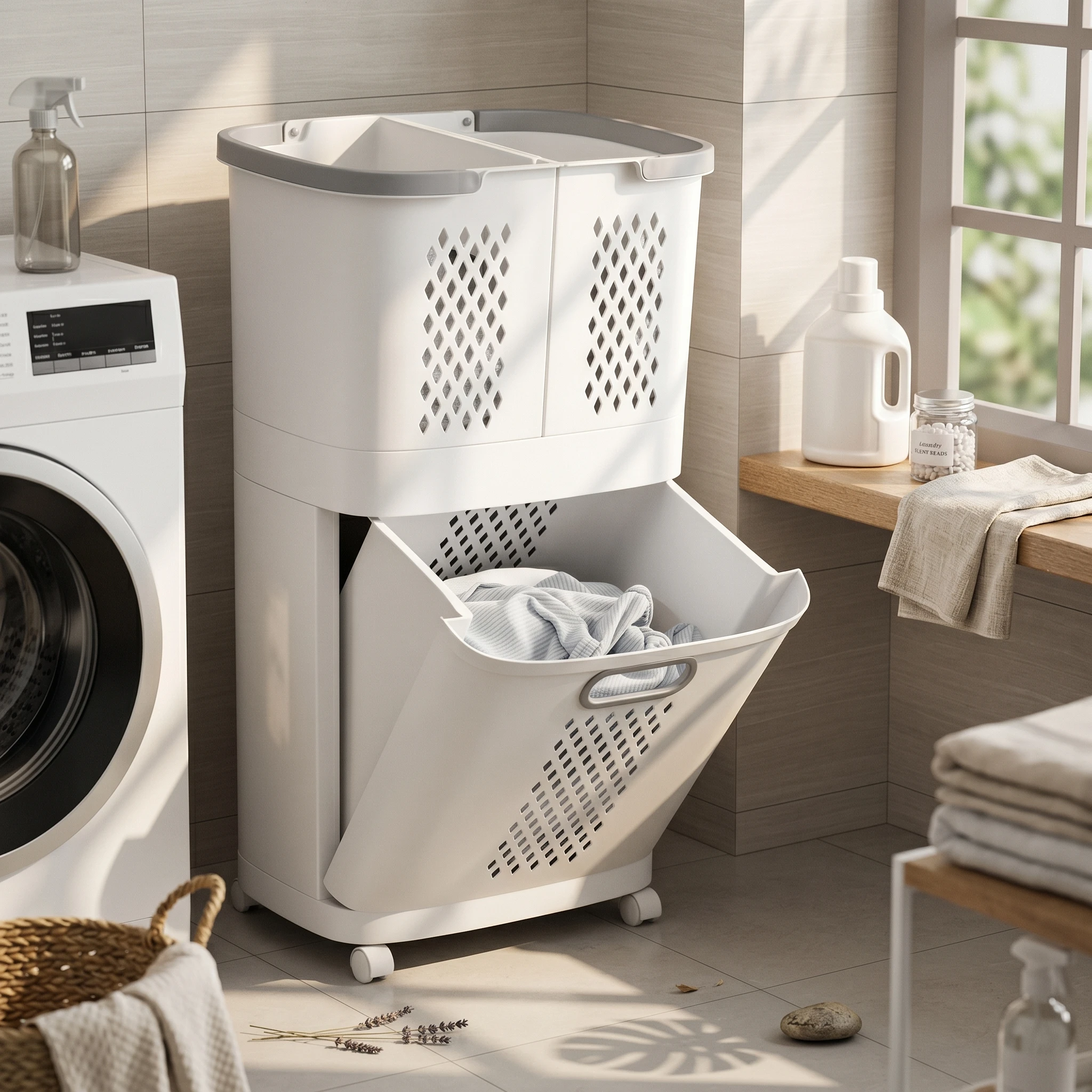 

Laundry Sorter Bin Space Saving 2 Tier Laundry Hamper Home Storage Freestanding Vented for Bathroom