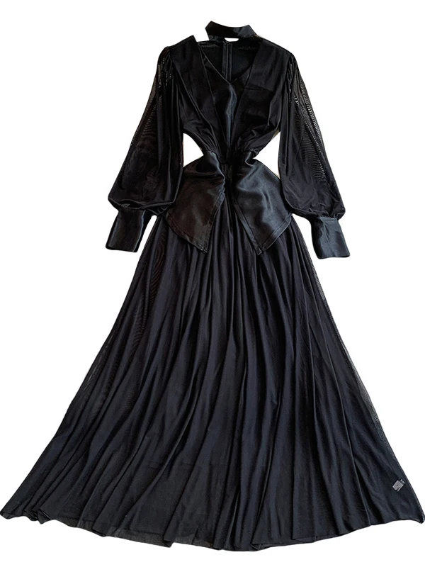 Ele Satin V-Ne Hanging Ne Long Dr Women's Slimming Drapey Skirt European Sle Splicing High Waist A-Line Dr