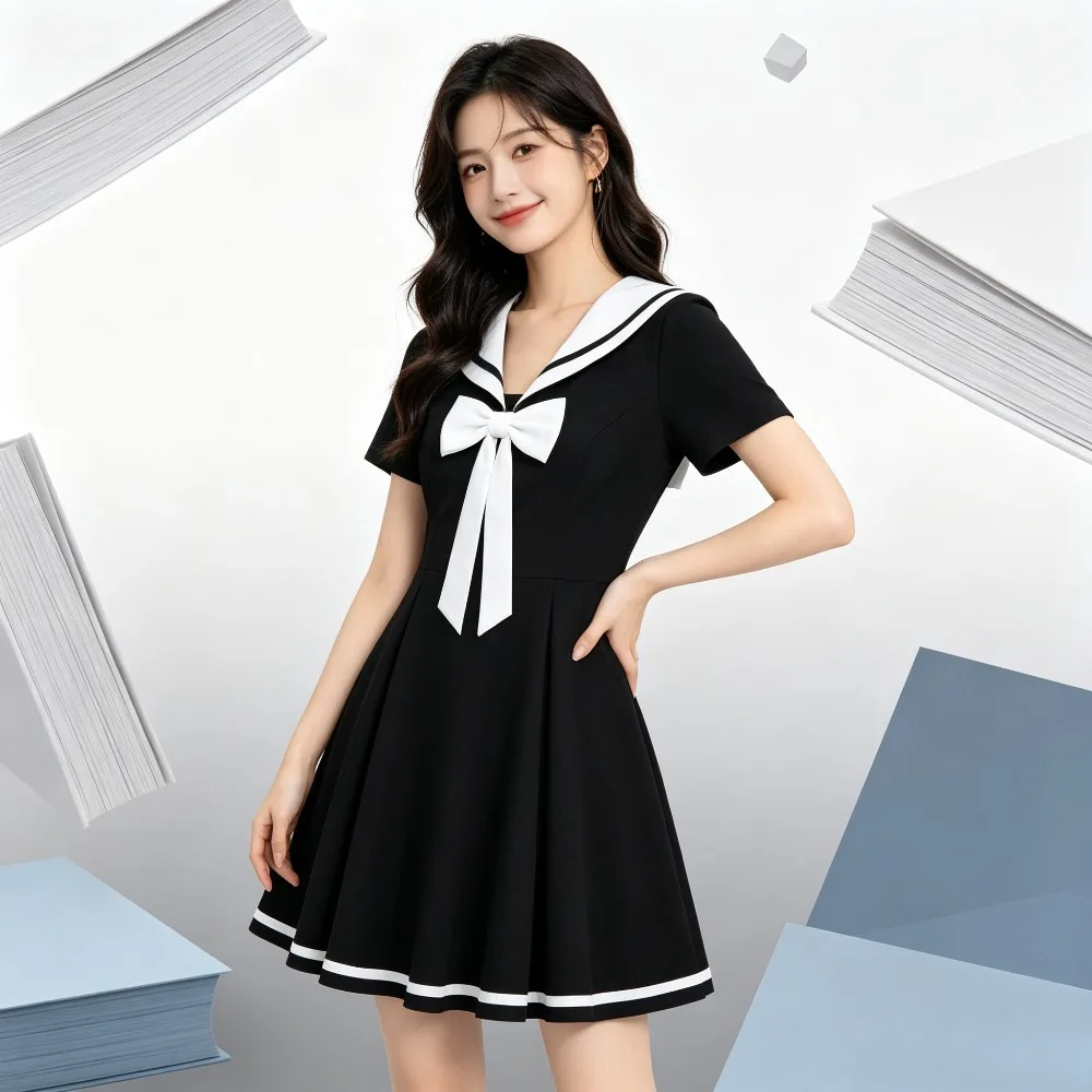 Navy Collar Academy Youthful Slimming Dress Tummy Cover A-Line Skirt Women School Uniform For Daily Campus Halloween Cosplay